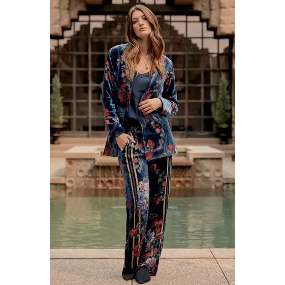 Johnny Was Halie Pants Lined Burnout Velvet Floral Boho Blue Multi - Picture 2 of 6